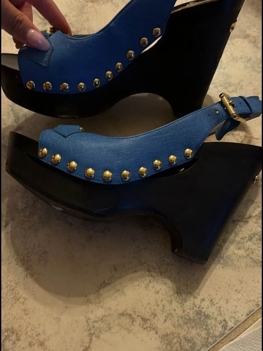 Michael Kors Blue Logo Slingback Wedges with Gold Hardware